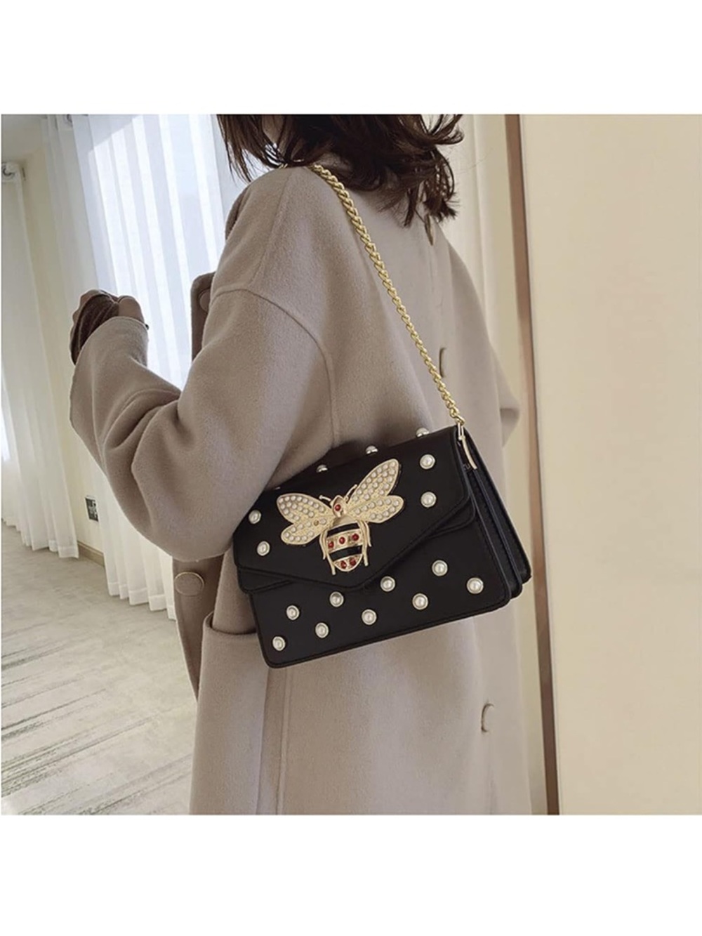Black Pearl-Embellished Bee Crossbody Bag nwt - Picture 2 of 4